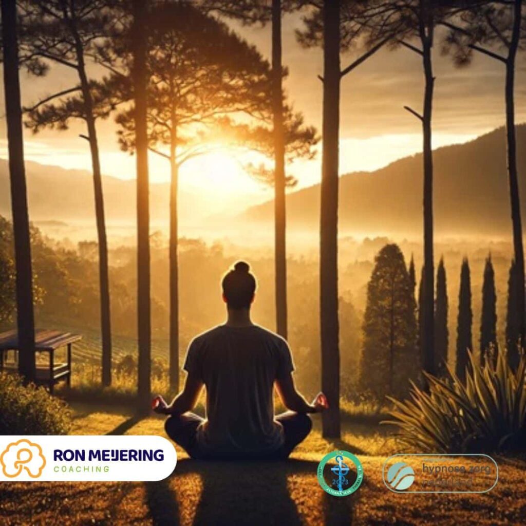 Een serene scène van een persoon die buiten in de natuur mediteert tijdens zonsopgang, zittend in kleermakerszit op een zacht oppervlak, met hoge bomen en een verre uitkijk over...