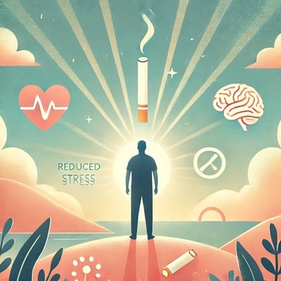 **Alt-tekst:** “Positieve afbeelding die de mentale voordelen van stoppen met roken symboliseert. Een ontspannen persoon staat op een heuvel onder een heldere lucht met zachte zonnestralen, terwijl iconen voor een gebroken sigaret, hart, en hoofd mentale helderheid en verbeterde stemming uitdrukken. Kalmte en vernieuwing worden weergegeven met lichte pastelkleuren.”