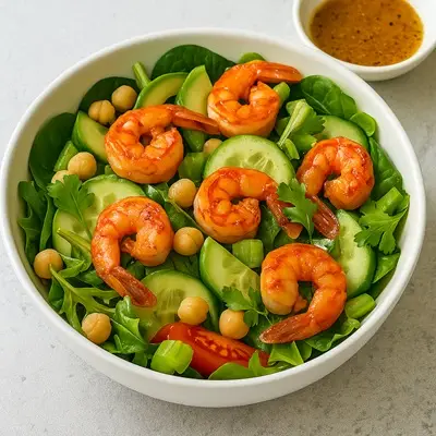 Een frisse, kleurrijke garnalensalade in een witte kom met pittige gebakken garnalen, komkommer, kikkererwten, spinazie, selderij en verse koriander. Op de achtergrond staat een klein schaaltje met kruidige dressing. De salade oogt sappig, smaakvol en gezond, gefotografeerd bij natuurlijk licht op een lichte stenen ondergrond.