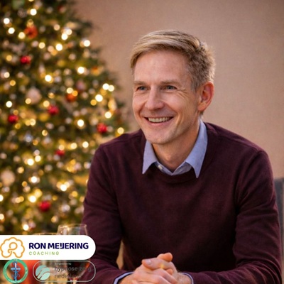 Hypnotherapeut Ron Meijering aan de kersttafel, ontspannen genieten van samenzijn zonder focus op eten.