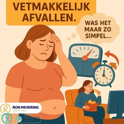 "Illustratie van een vrouw die worstelt met afvallen: ze houdt haar hoofd vast, een weegschaal en klok op de achtergrond en een vrouw op de bank die chips eet. Tekstballon: ‘Was het maar zo simpel’. Titel: ‘Vetmakkelijk afvallen’.