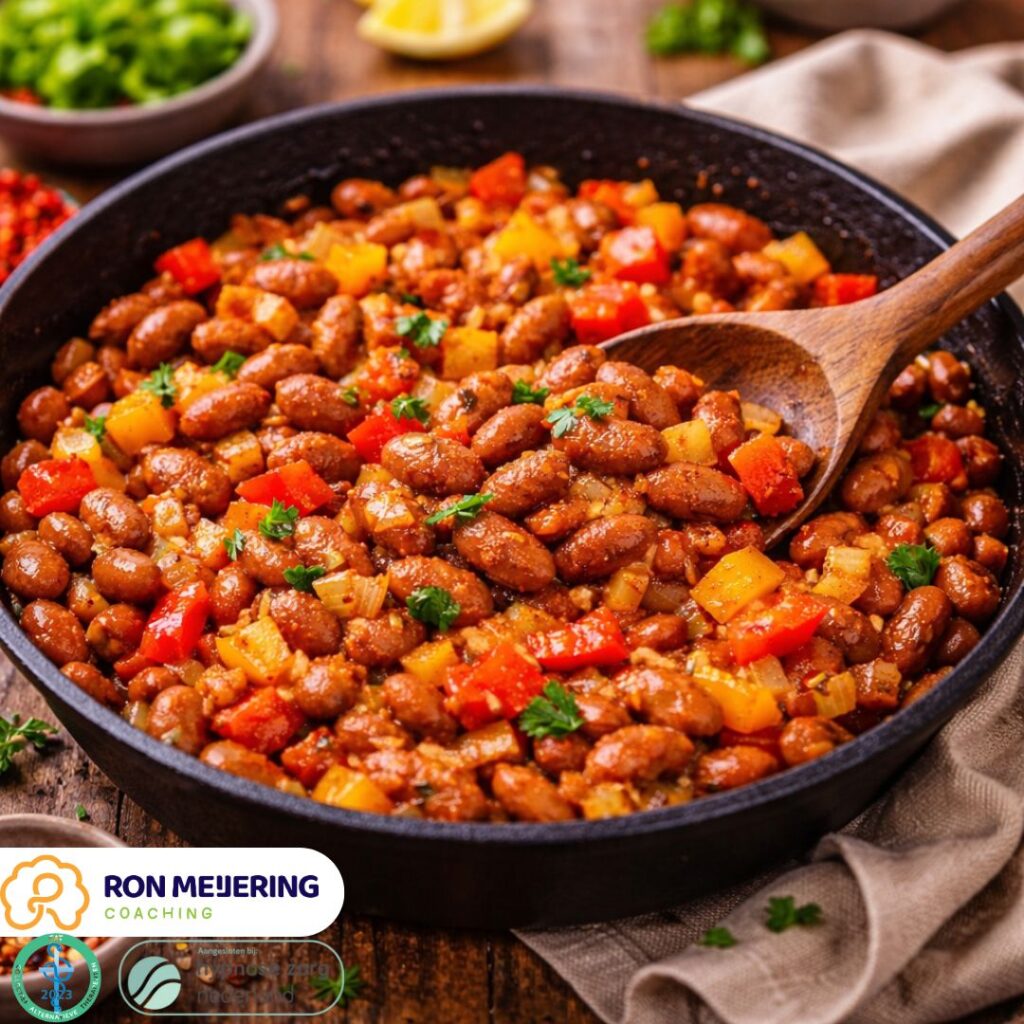 Zelfgemaakte bonenschotel met bruine bonen, ui en paprika, een eenvoudig en vezelrijk gerecht dat goed vult en zorgt voor rust in buik en hoofd