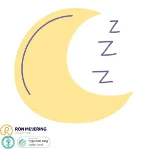 Afbeelding van een gele maan met Z’s die slaap voorstellen, passend bij hypnose voor beter slapen en stressreductie. Met logo’s van Ron Meijering Coaching en Hypnose Zorg Nederland."