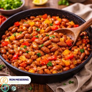 Zelfgemaakte bonenschotel met bruine bonen, ui en paprika, een eenvoudig en vezelrijk gerecht dat goed vult en zorgt voor rust in buik en hoofd